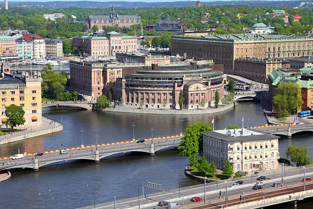 Stockholm, Sweden. Aerial view of Riksdag (parliament) building at Helgeandsholmen island.