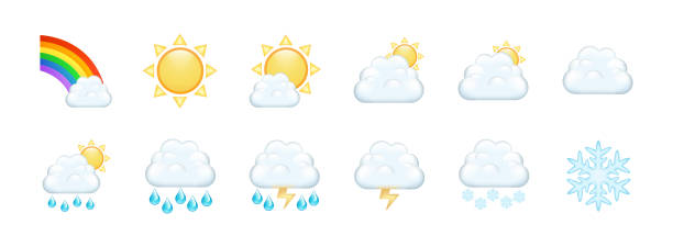 ilustraciones, imágenes clip art, dibujos animados e iconos de stock de conjunto de iconos modernos de pronóstico del tiempo con arco iris, nubes, sol, lluvia, nieve, rayos, granizo - colors color image rainbow umbrella