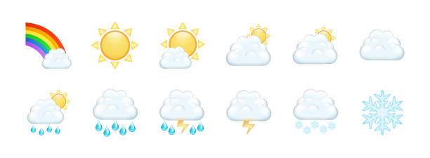 набор значков современного прогноза погоды с радугой, облаком, солнцем, дождем, снегом, молнией, градом - rainbow umbrella descriptive color multi colored stock illustrations