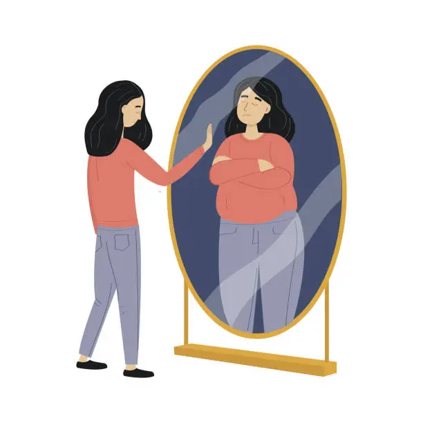 Vector illustration of woman with eating disorder standin by the mirror