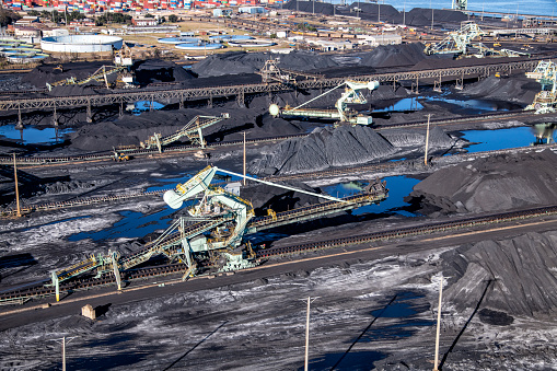 The coal import and export area of the Port of Mobile, Alabama shot from an altitude of about 600 feet from a helicopter