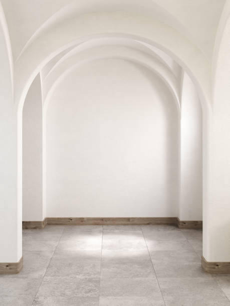 Minimalist empty room interior, white  decor concept, concrete floor. stock photo