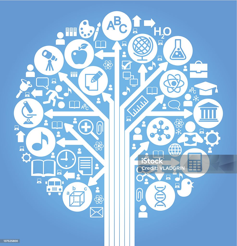school symbol form of a tree blue tree of knowledge. the concept of the learning sciences.the abstraction of the icons on the subject of teaching Apple - Fruit stock vector