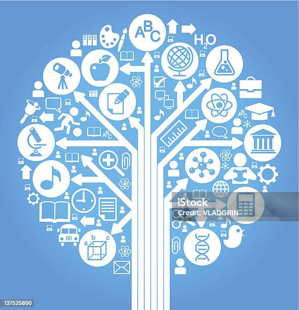 School Symbol Form Of A Tree Blue Stock Illustration - Download Image Now - Apple - Fruit, Book, Boys