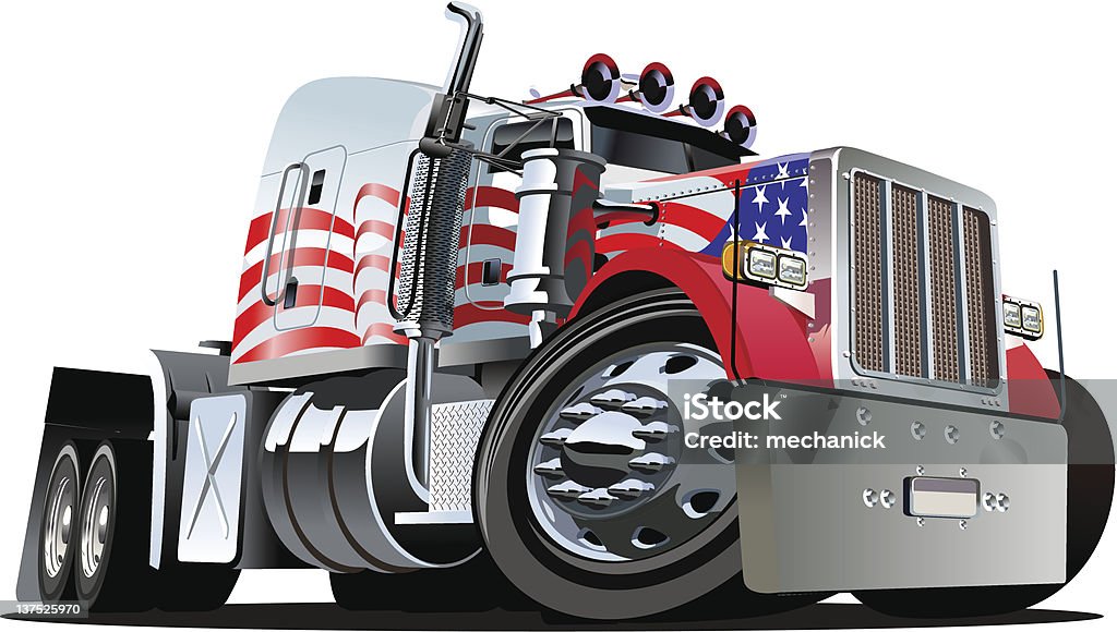 A large cartoon semi truck painted with the American flag Vector cartoon semi truck. Available eps-10, cdr-12 and ai-10 vector format separated by groups for easy edit. Semi-Truck stock vector