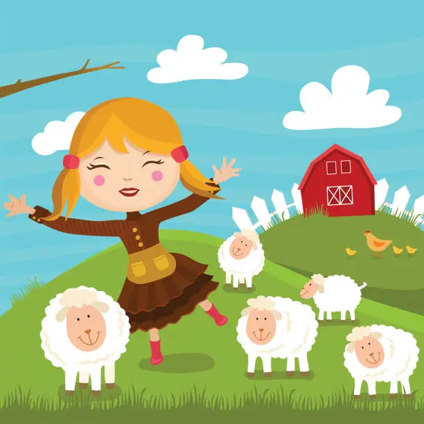 Vector illustration of Mary and Her Lambs