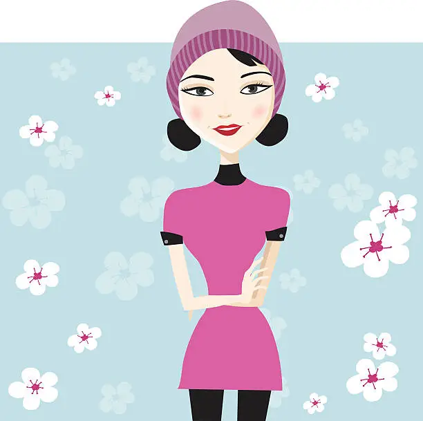 Vector illustration of Young Woman with Cherry Blossom Flowers