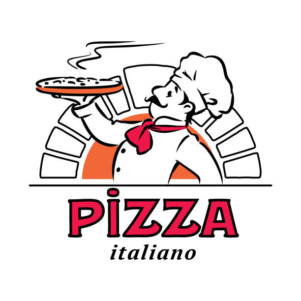 Funny chef with pizza. Emblem or logo design Chef with pizza. Emblem design of funny man, baker or cook, on background of wood-burning stove. Children vector illustration. Cartoon character with logo. Pizzeria sign pics for pizza pizza logo stock illustrations