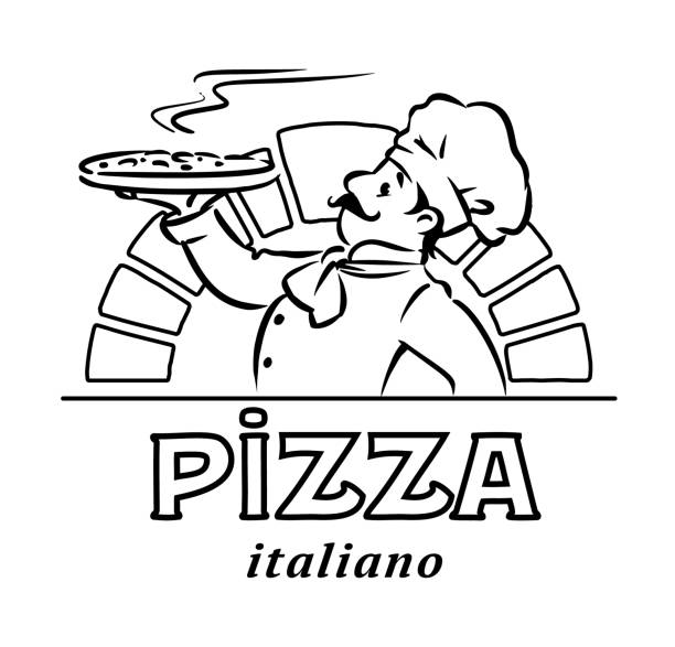 Funny chef with pizza. Emblem or logo design Chef with pizza. Emblem design of funny man, baker or cook, on background of wood-burning stove. Children vector illustration. Cartoon character with logo. Pizzeria sign pizzeria stock illustrations