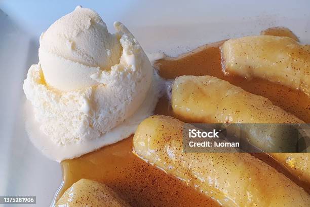 Banana Flambee With Vanilla Ice Cream Stock Photo - Download Image Now - Banana, Caramelized, Flambe
