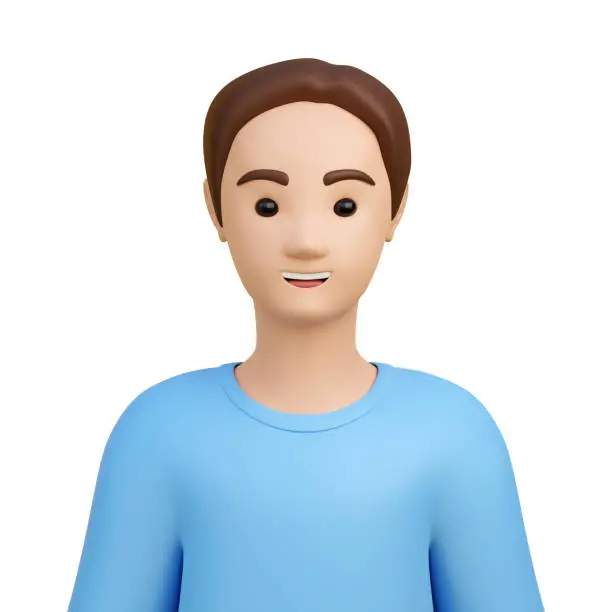 Man, smiling character. Portrait of a happy young adult. A guy in a blue T-shirt with brown hair. 3d illustration.