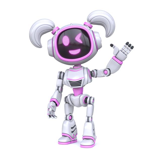 istock Cute pink girl robot waving hand 3D 1375302182