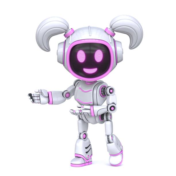 istock Cute pink girl robot welcoming gesture 3D 1375302226