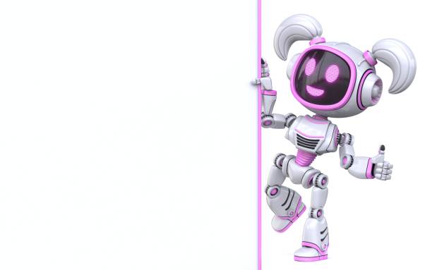 istock Cute pink girl robot holding blank white board 3D 1375302228