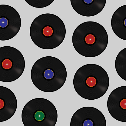 Vector seamless pattern of vintage 78 rpm records on a gray square background.