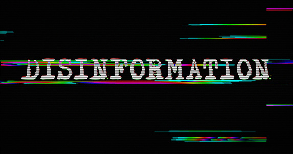 Propaganda and disinformation with distorted and glitch effect 3d illustration. Manipulation, false in social media, fake news and lying information abstract concept. Noised retro tv style background.