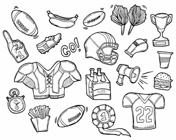 Doodle American Football Icons set. Rugby football. Spring sports Doodle American Football Icons set. Rugby football. Spring sports. Isolated vector doodle stock illustrations