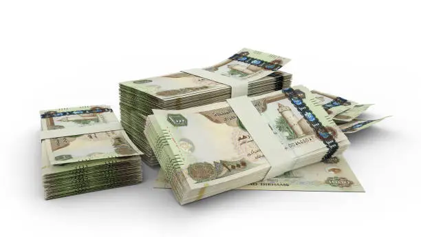3d rendering of Stack of 1000 United Arab Emirates dirham notes. bundles of UAE currency notes isolated on white background
