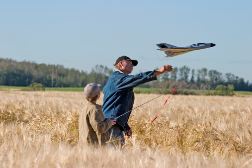 Grandfather and boy flying remote controlled airplane in barley field