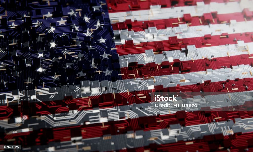 Technology background with national flag of the United States. 3D rendering Government Stock Photo