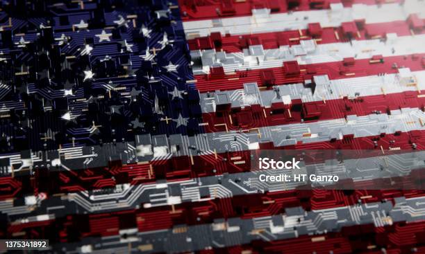 Technology Background With National Flag Of The United States 3d Rendering Stock Photo - Download Image Now