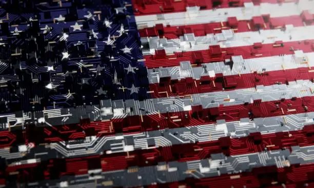 Photo of Technology background with national flag of the United States. 3D rendering