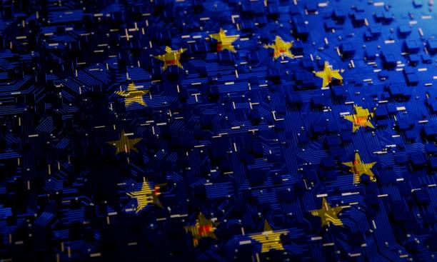 유럽 연합 (eu)의 국기와 기술 배경. 3d 렌더링 - europe european union currency european union flag european community 뉴스 사진 이미지