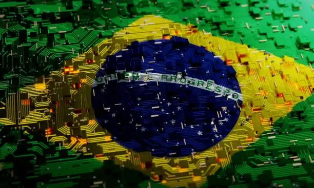 Photo of Technology background with national flag of Brazil. 3D rendering