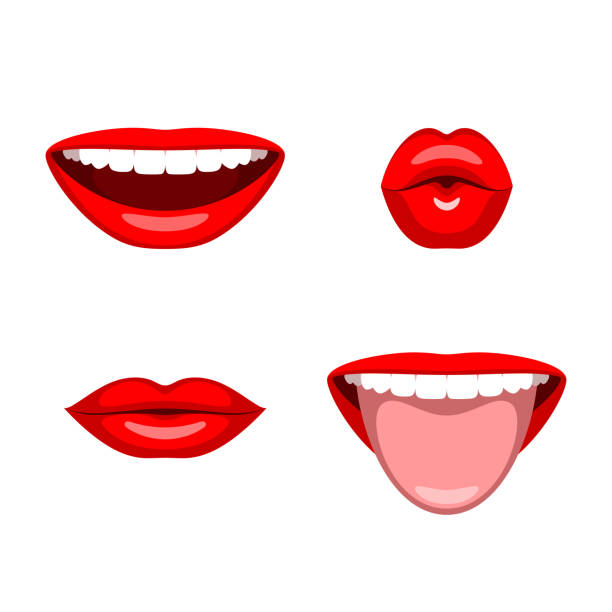 Lips colored with red lipstick and expressing different emotions vector art illustration