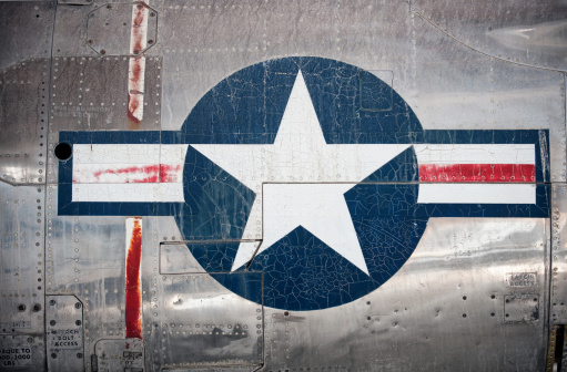 US Air Force insignia on an aging jet plane.