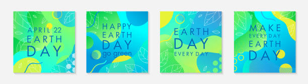 illustrazioni stock, clip art, cartoni animati e icone di tendenza di set di poster della giornata della terra con sfondi sfumati verdi - earth day