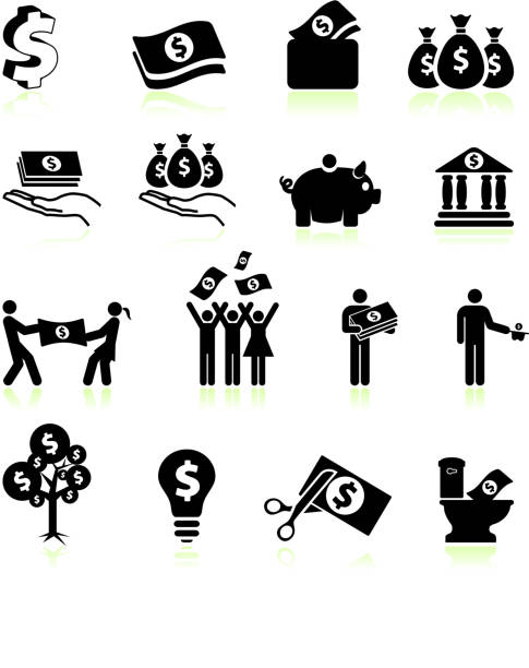 ilustrações, clipart, desenhos animados e ícones de dinheiro e finanças preto & branco, vector conjunto de ícones - cutting currency scissors home finances