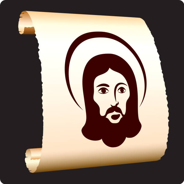 stockillustraties, clipart, cartoons en iconen met jesus christ royalty free vector art on paper scroll - aureool symbool