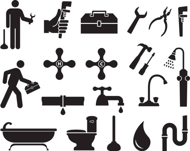 ilustraciones, imágenes clip art, dibujos animados e iconos de stock de fontanero blanco y negro sin royalties de conjunto de iconos vectoriales - plumber water pipe leaking water