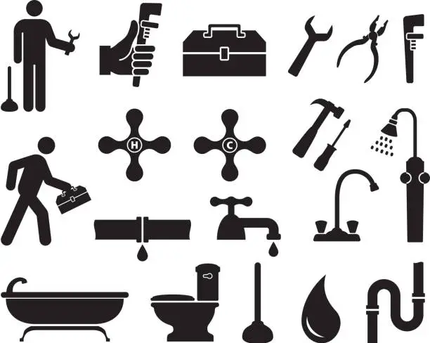 Vector illustration of Plumber black and white royalty free vector icon set