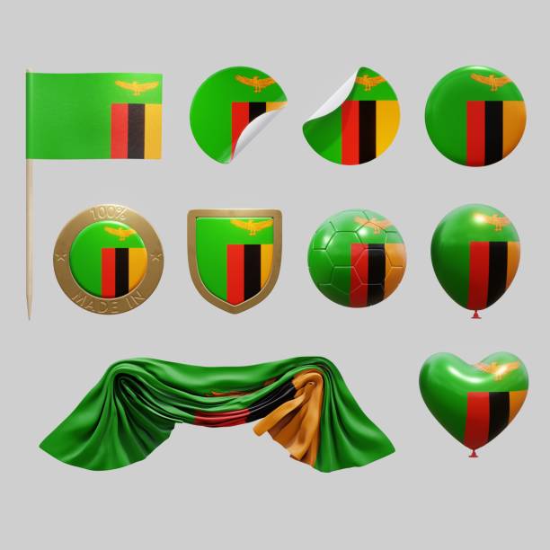 Assortment of objects with national flag of Zambia isolated on neutral background. 3d rendering Assortment of objects with national flag of Zambia isolated on neutral background. 3d rendering zambia flag stock pictures, royalty-free photos & images