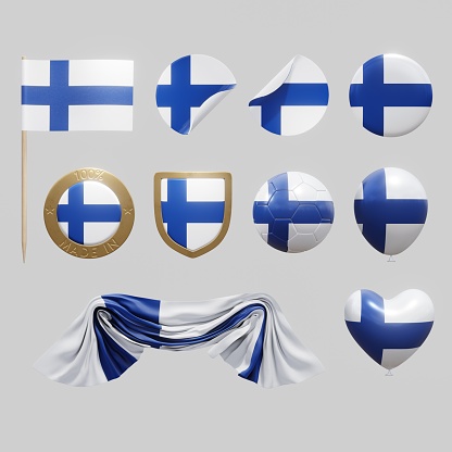 Assortment of objects with national flag of Finland isolated on neutral background. 3d rendering
