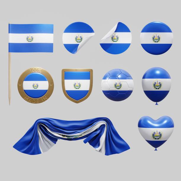 assortimento di oggetti con bandiera nazionale di el salvador isolati su sfondo neutro. rendering 3d - el salvadoran flag foto e immagini stock