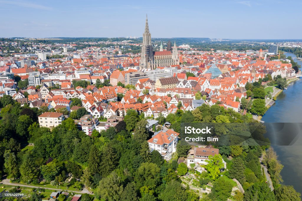 Aerial View of Ulm Aerial view of the City of Ulm, old town, Ulm Minster, and the river Danube, Baden Wurttemberg, Germany. Forest Stock Photo