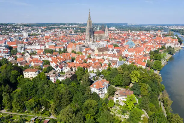 Aerial view of the City of Ulm, old town, Ulm Minster, and the river Danube, Baden Wurttemberg, Germany.