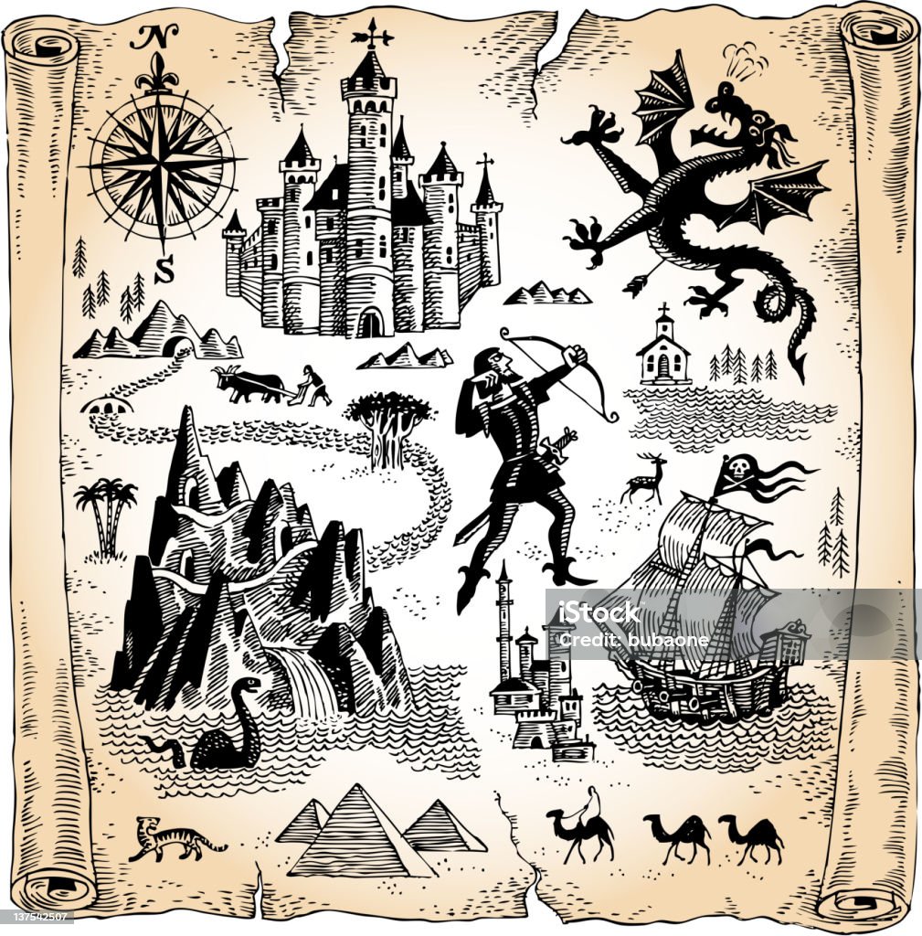 Mappa dettagliata di scorrimento con draghi, castelli e piramidi - arte vettoriale royalty-free di Carta geografica