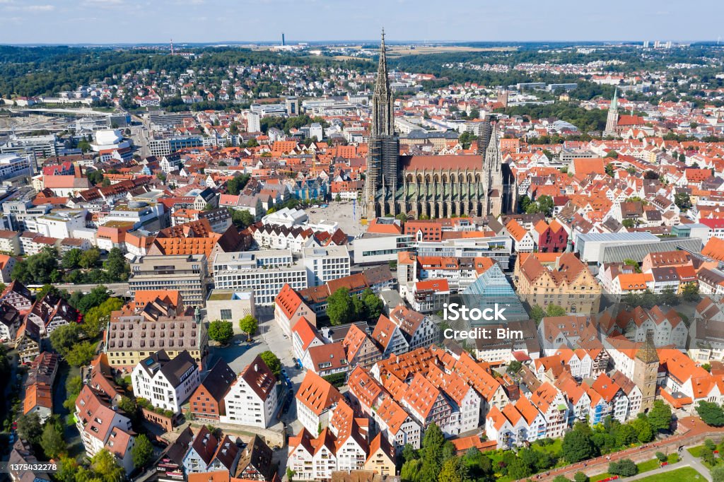 City of Ulm, Aerial View, Germany Aerial view of the City of Ulm, old town, Ulm Minster, Baden Wurttemberg, Germany. Above Stock Photo