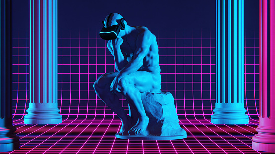 Concepto de pasar tiempo en realidad virtual. La estatua del Pensador con auriculares virtuales. Renderizado 3D photo