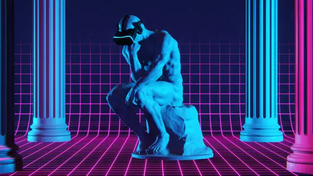 Concept of spending time in virtual reality. The Thinker statue wearing virtual headset. 3D rendering