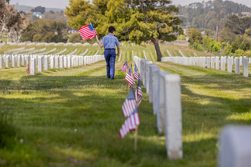 High quality stock photos of a young boy placing American flags on veterans graves at a veterans cemetery on Memorial Day.
