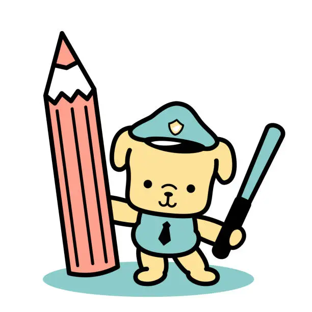 Vector illustration of A cute dog police officer holding a colored pencil and nightstick