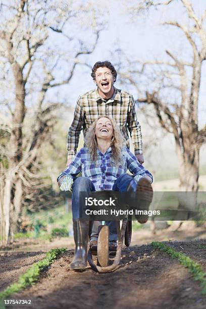 Man Pushing Girlfriend In Wheelbarrow Stock Photo - Download Image Now - Riding, Vegetable Garden, Wheelbarrow