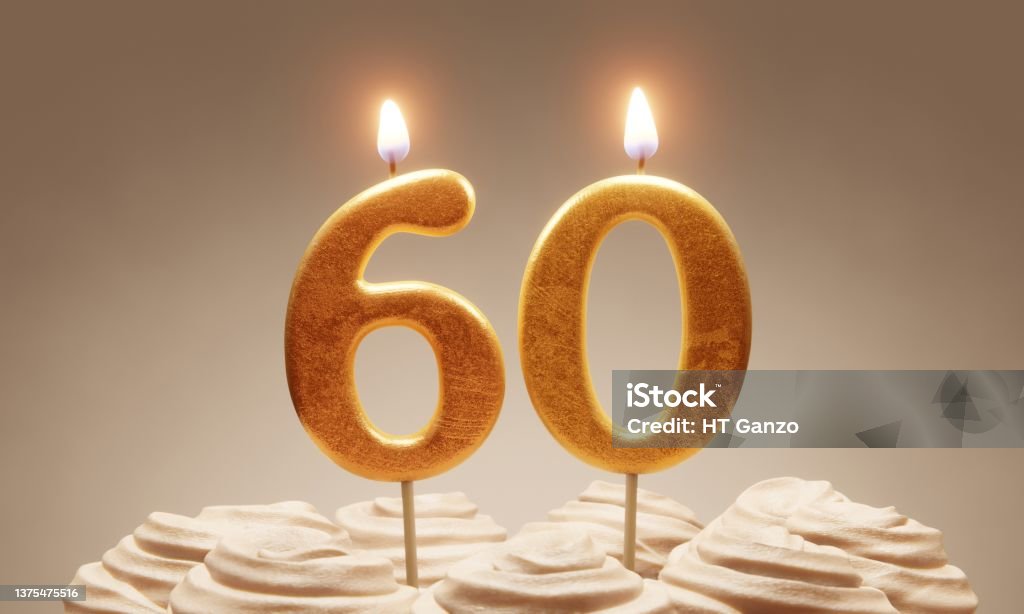 60th birthday or anniversary celebration. Lit golden number candles on cake with icing in neutral tones. 3D rendering 60th Birthday Stock Photo