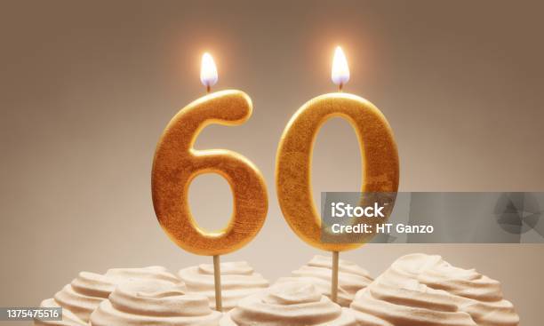 60th Birthday Or Anniversary Celebration Lit Golden Number Candles On Cake With Icing In Neutral Tones 3d Rendering Stock Photo - Download Image Now