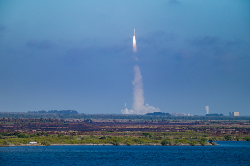 NOAA GOES-T weather satellite launches aboard a United Launch Alliance Atlas V rocket from SLC-41 at the Cape Canaveral Space Force Station, as seen from the A. Max Brewer Bridge in Titusville, Florida on March 1, 2022.